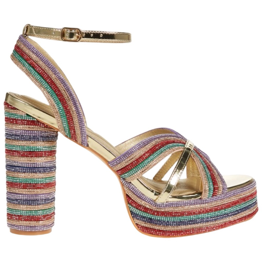 NEW NEVER WORN Gold Multi-Color Beaded Platform Sandal by Azalea Wang/ASOS - Picture 3 of 5